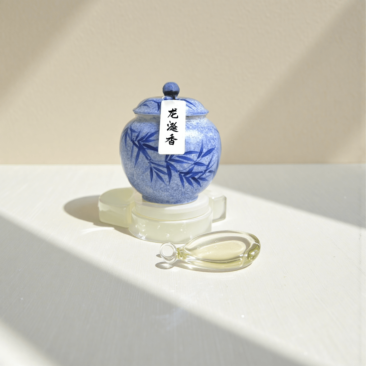 Ambergris incense powder in a blue hand-painted ceramic jar with white label and black text