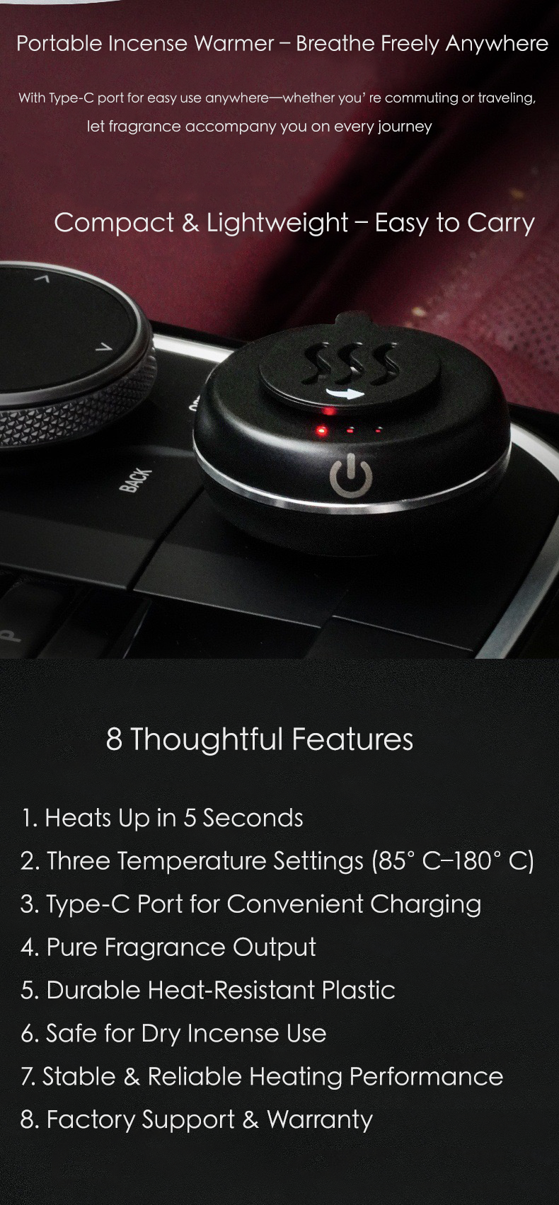 Portable Electric Car Incense Burner – 3-Temperature Aromatherapy Heater with Type-C Charging - Incensoria