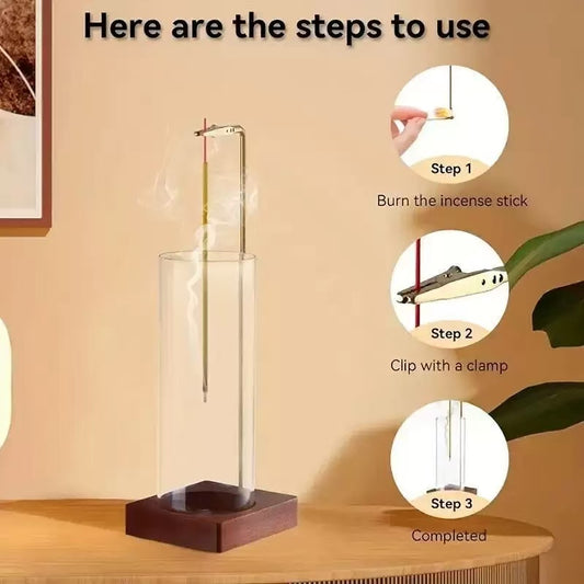Step-by-step guide showing how to use vertical glass incense holder with wooden base and brass clip