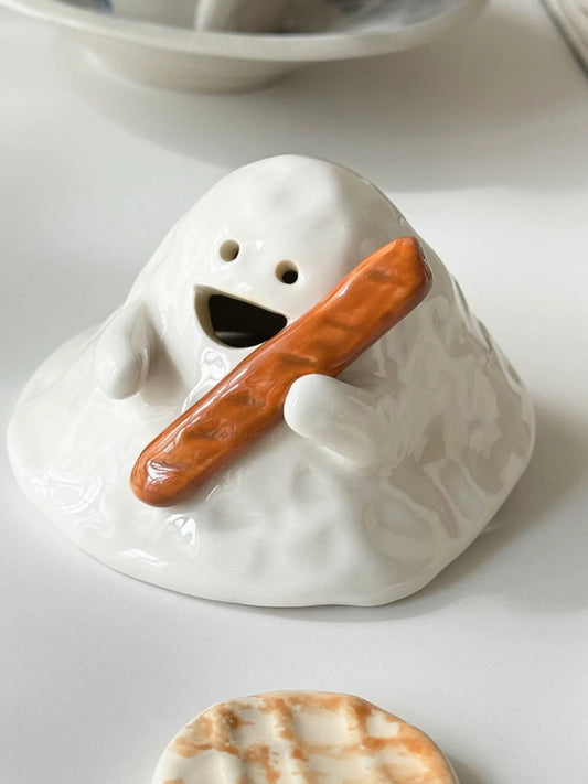 Hand-painted ceramic ghost incense holder for cone incense, glossy white with matching base on a white background