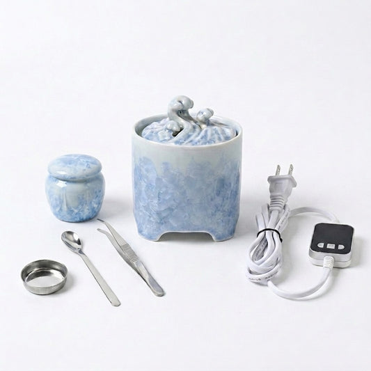 Blue and white crystalline glaze ceramic electric incense burner with digital temperature controller and incense tools.