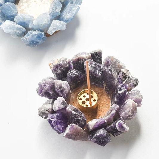 Deep purple raw amethyst crystal incense holder with removable brass insert shown with incense stick
