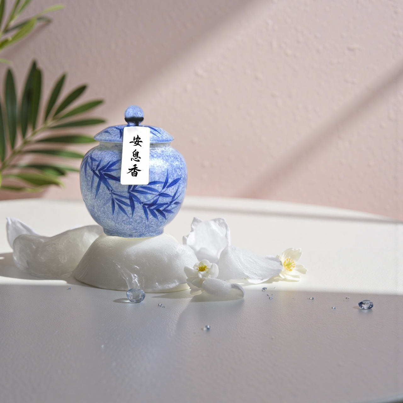 Anxi Blended incense powder in a blue hand-painted ceramic jar with white label and black text