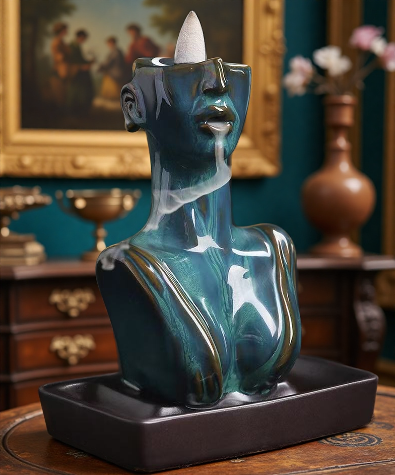 Side view of glazed blue abstract face backflow incense burner with cone on top and smoke trailing into rectangular ceramic base
