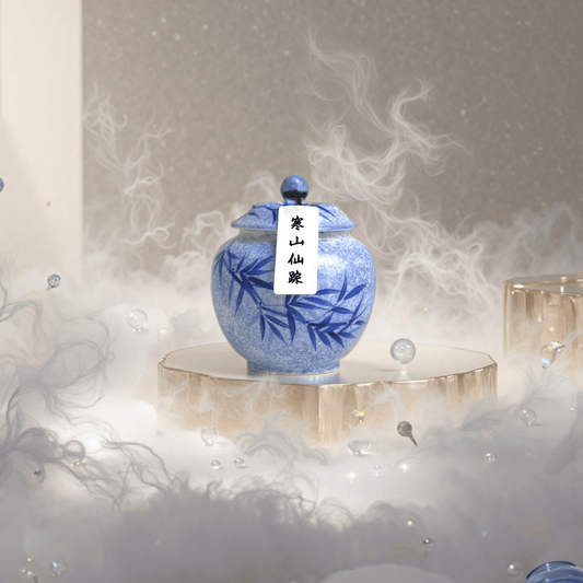 Cold Mountain Traces handcrafted natural incense powder in a blue ceramic jar.