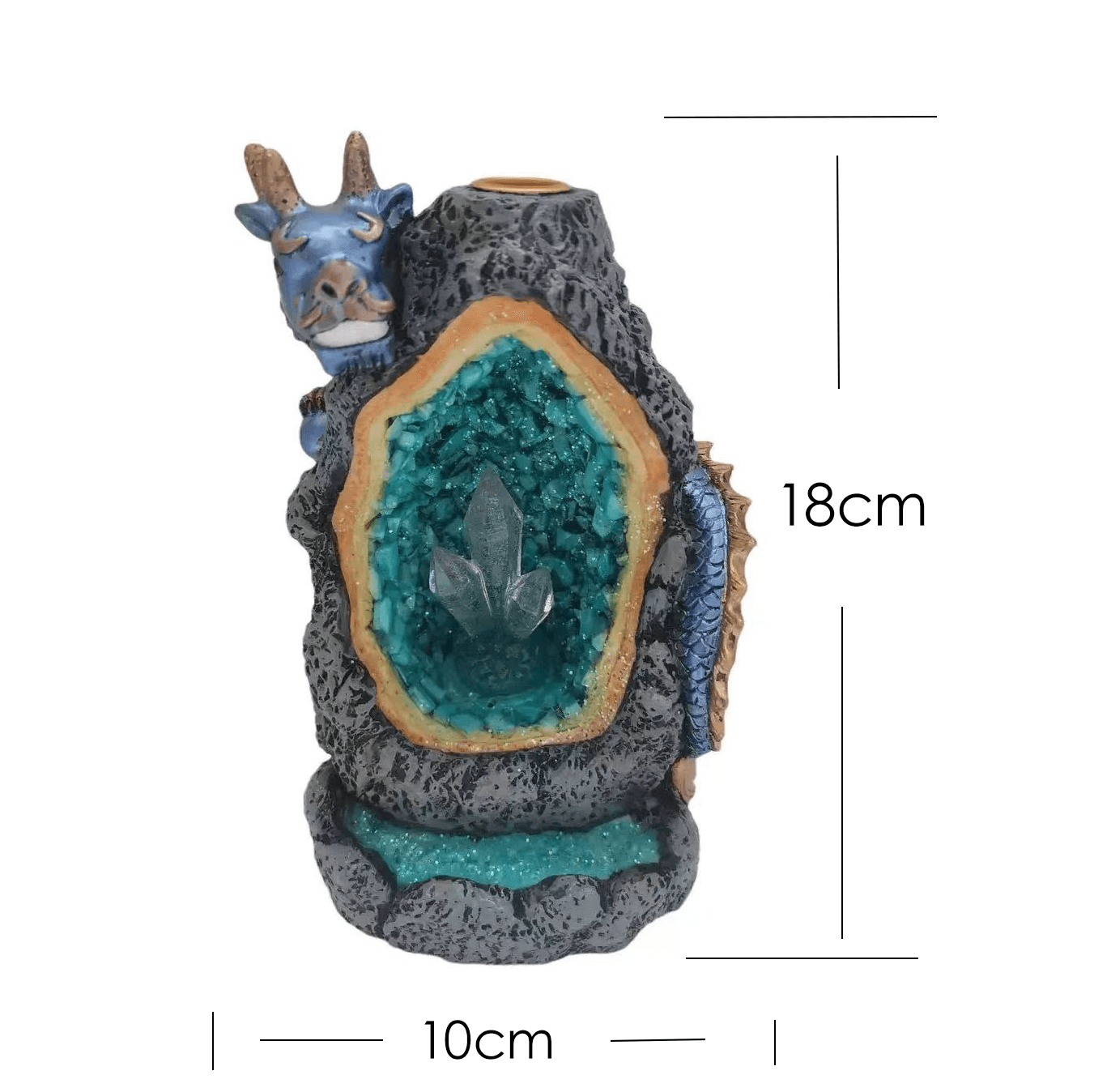 Dimensions of battery-powered dragon backflow incense burner with glowing crystal chamber – 18cm height, 10cm width
