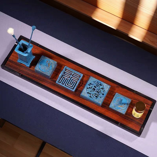 Full layout of Eastern Blue Glaze Incense Ceremony Set on wooden tray with burner, tools, molds, and incense powder bottle