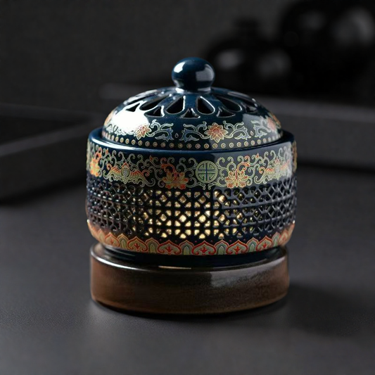 Close-up of electric ceramic incense burner with colorful glazed floral patterns and perforated design on wooden base