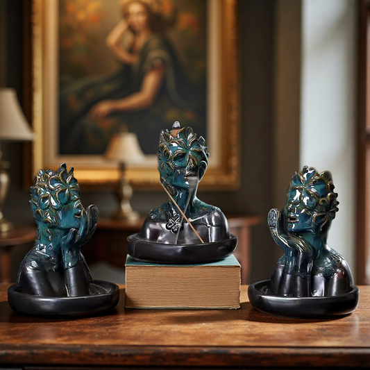 Floral mask backflow incense burner set with three ceramic figures on table