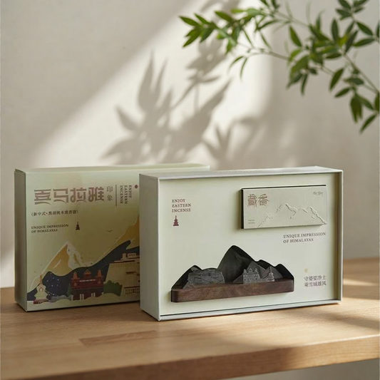 Box packaging of the Himalayas incense burner gift set with Tibetan incense sticks