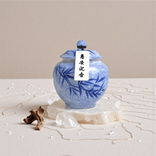 Hui’an agarwood handcrafted natural incense powder in a blue ceramic jar.