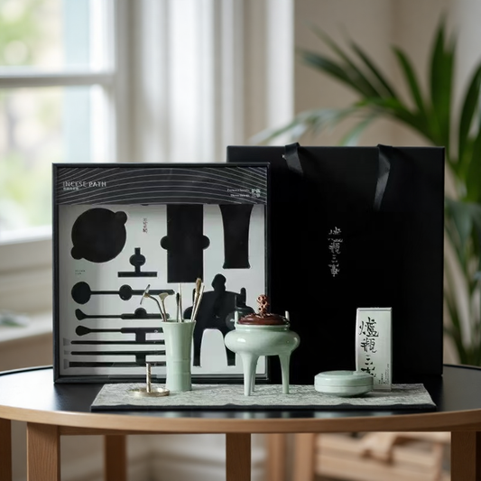 Incense Bath Ceremony Set with celadon incense burner, incense tools, and minimalist black gift box displayed on table