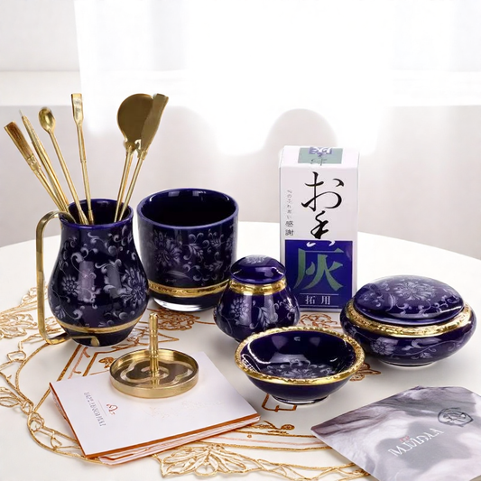 Blue porcelain incense burner set with brass tools and accessories