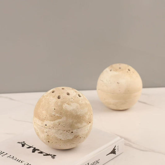 Round natural travertine incense burner with top ventilation holes, sphere-shaped incense holder for cone and stick incense