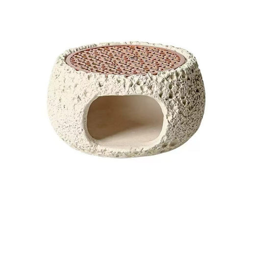 Front view of off-white cement incense burner with natural stone texture and rosewood grate, designed for burning palo santo, sage, or crystal incense in purification rituals