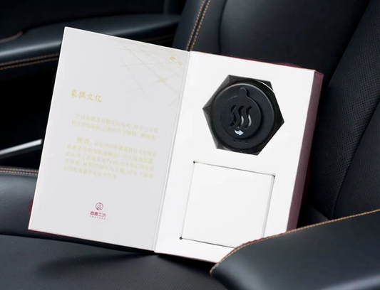 Portable electric car incense burner in gift box packaging, designed for aromatherapy heating with compact dashboard-friendly design