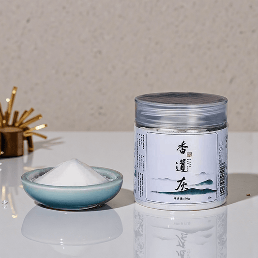 Refined natural incense ash in a 50g sealed jar, with some shown in a ceramic dish for display, used for incense seals and burners.