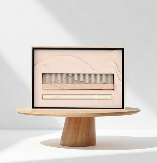 Transparent landscape incense burner set in a cream-colored gift box with acrylic burner and wooden base, placed on a round wooden pedestal