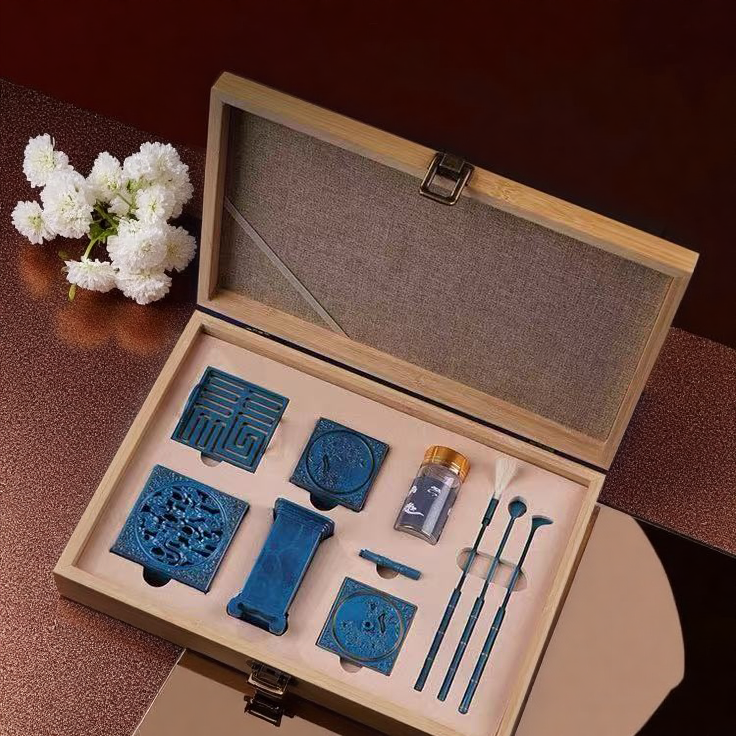 Eastern Blue Glaze Incense Ceremony Set – Carved Charcoal Burner, Powder Tools & Wooden Gift Box - Incensoria