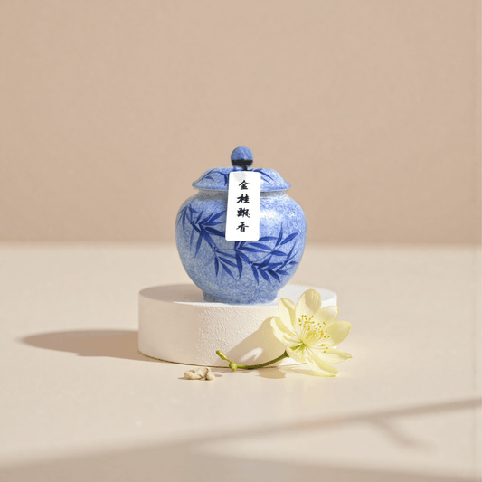 Golden Osmanthus incense powder in a blue hand-painted ceramic jar with white label and black text