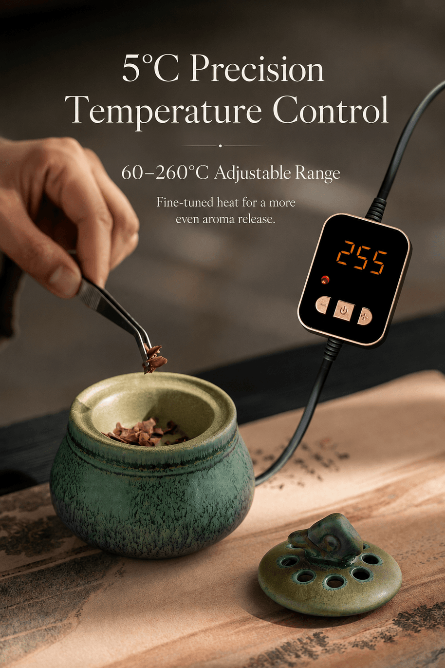 Ceramic electric incense burner with 5°C precision temperature control and 60–260°C adjustable heat range for even aroma release, flameless incense heating, resin, incense chips, and home fragrance use.