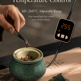 Ceramic electric incense burner with 5°C precision temperature control and 60–260°C adjustable heat range for even aroma release, flameless incense heating, resin, incense chips, and home fragrance use.
