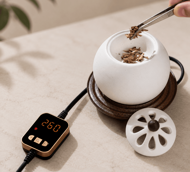 A hand using tweezers to carefully place loose incense materials into an open white electric ceramic incense burner, with the lid and digital temperature controller resting on the table nearby.