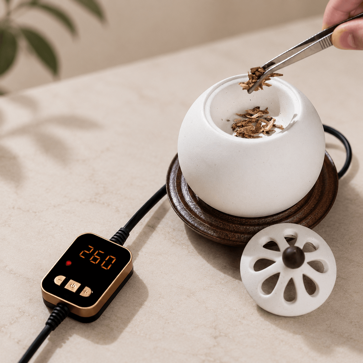 A hand using tweezers to carefully place loose incense materials into an open white electric ceramic incense burner, with the lid and digital temperature controller resting on the table nearby.