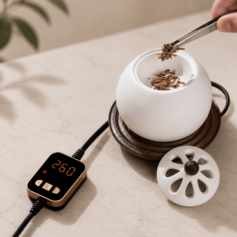 A hand using tweezers to carefully place loose incense materials into an open white electric ceramic incense burner, with the lid and digital temperature controller resting on the table nearby.