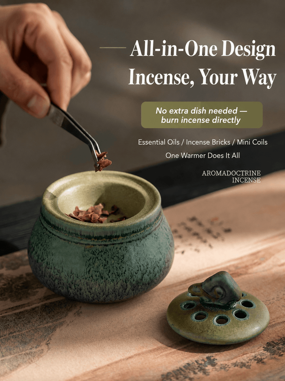Ceramic electric incense burner with removable lid and tweezers for placing incense chips, designed for flameless heating of essential oils, resin incense, incense bricks, mini coils, and home fragrance use.