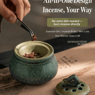 Ceramic electric incense burner with removable lid and tweezers for placing incense chips, designed for flameless heating of essential oils, resin incense, incense bricks, mini coils, and home fragrance use.