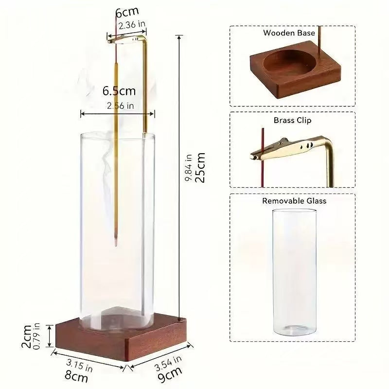 Measurement chart of vertical glass incense holder showing glass height, wooden base, brass clip, and detachable components with metric and imperial units