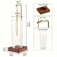 Measurement chart of vertical glass incense holder showing glass height, wooden base, brass clip, and detachable components with metric and imperial units