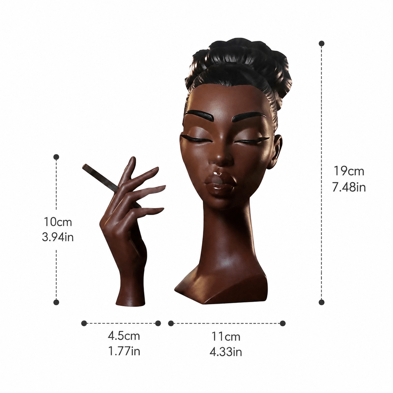 Backflow incense burner shaped like a woman sculpture with detailed size measurements in inches, including height, width, and base dimensions