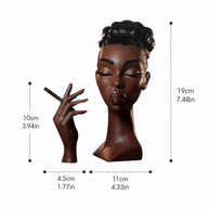 Backflow incense burner shaped like a woman sculpture with detailed size measurements in inches, including height, width, and base dimensions