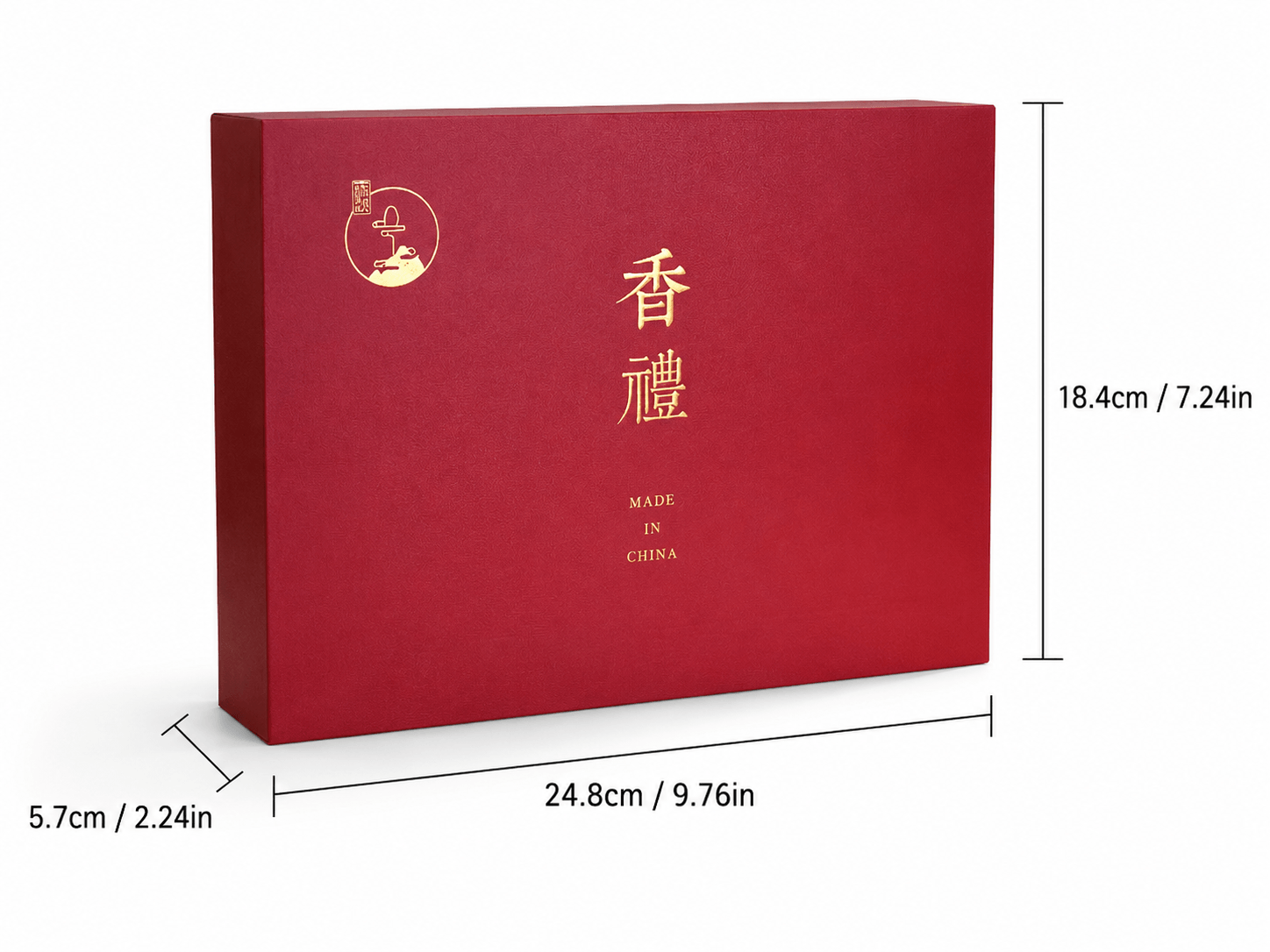 Red backflow incense gift box for a mountain burner and natural incense cones, shown with size measurements of 24.8 cm long, 18.4 cm high, and 5.7 cm deep.