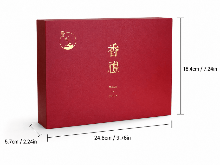 Red backflow incense gift box for a mountain burner and natural incense cones, shown with size measurements of 24.8 cm long, 18.4 cm high, and 5.7 cm deep.