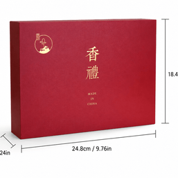 Red backflow incense gift box for a mountain burner and natural incense cones, shown with size measurements of 24.8 cm long, 18.4 cm high, and 5.7 cm deep.