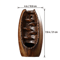 Size guide for a premium high-fired ceramic backflow incense holder in rustic brown glaze, showing 4 inch width and 7.9 inch height on a white background