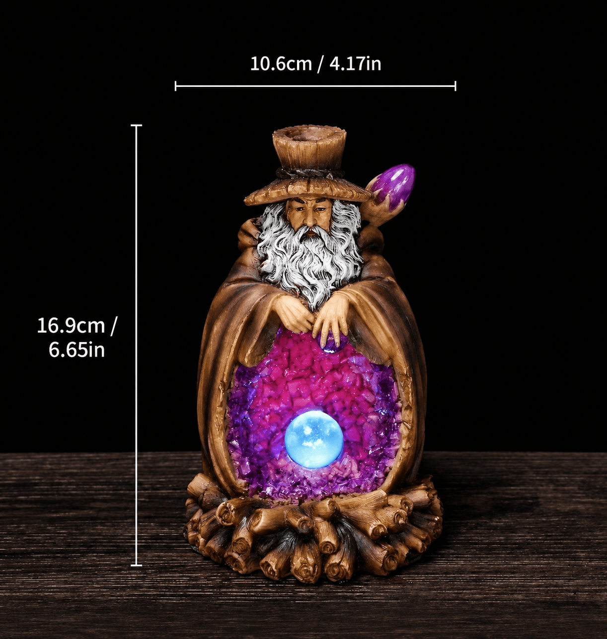 Size chart of wizard backflow incense burner showing height 16.9 cm and width 10.6 cm