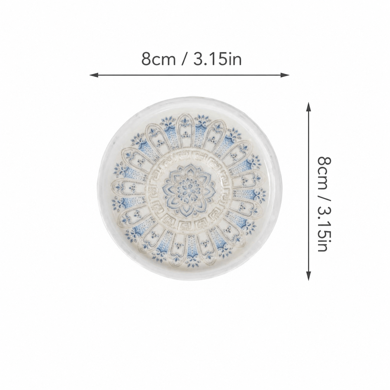 Dimension diagram of a blue and white ceramic lotus incense holder showing an 8 cm (3.15 in) diameter from the top view