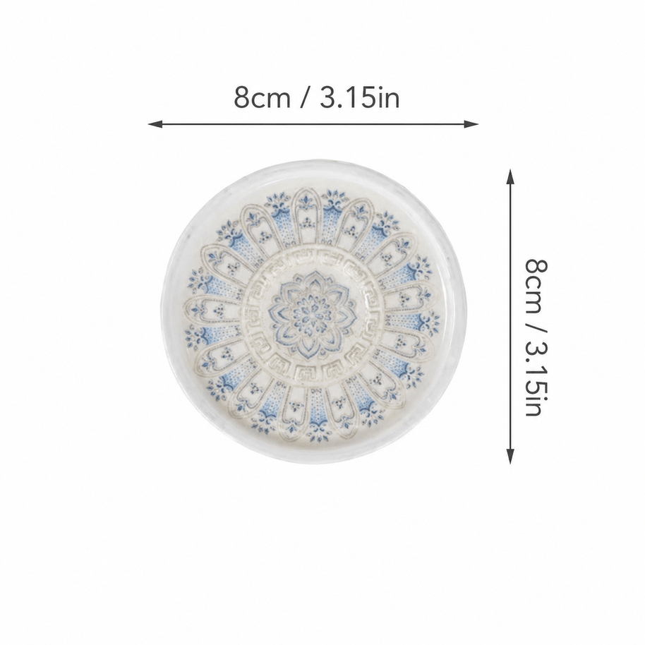 Dimension diagram of a blue and white ceramic lotus incense holder showing an 8 cm (3.15 in) diameter from the top view