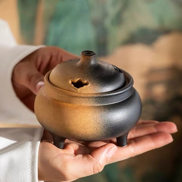 Hand holding a brown and black reactive glaze ceramic electric incense heater with a compact three-leg design for flameless incense use.