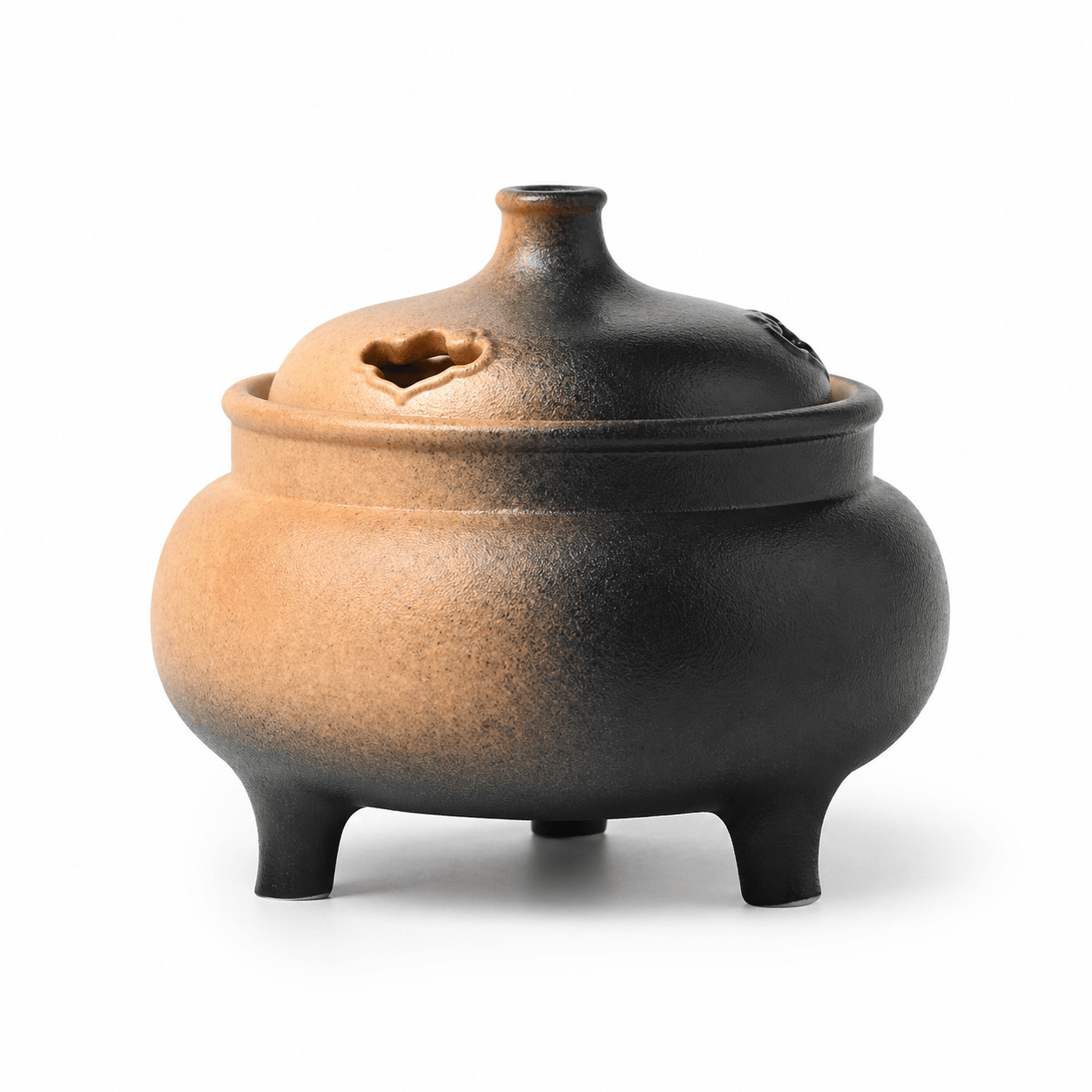 Brown and black reactive glaze ceramic electric incense burner with a lidded three-leg design for flameless incense heating and natural home fragrance.