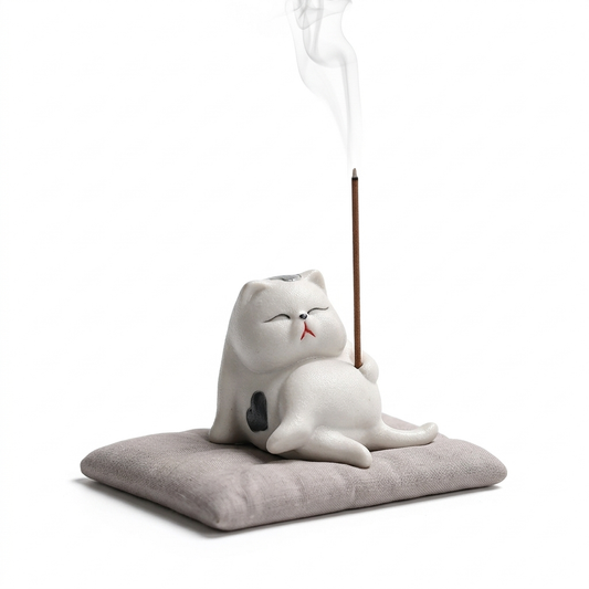 Cute cat ceramic incense holder stick burner with a white lounging cat figure holding a lit incense stick, displayed on a soft cushion against a clean white background.