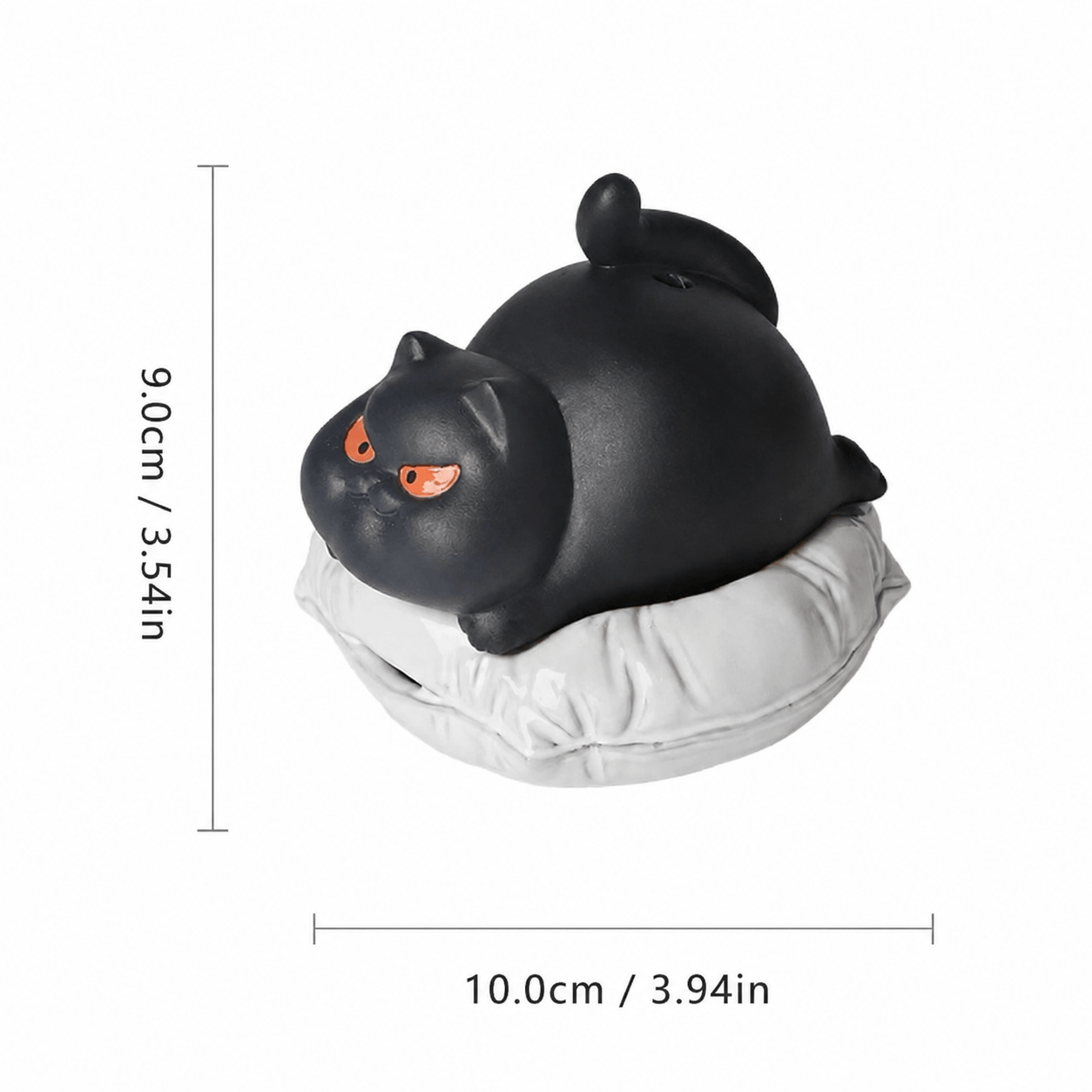 Size diagram of the black cat incense burner on a white cushion, showing height 3.5 in and width 3.9 in on a white background.