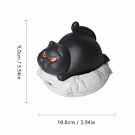 Size diagram of the black cat incense burner on a white cushion, showing height 3.5 in and width 3.9 in on a white background.