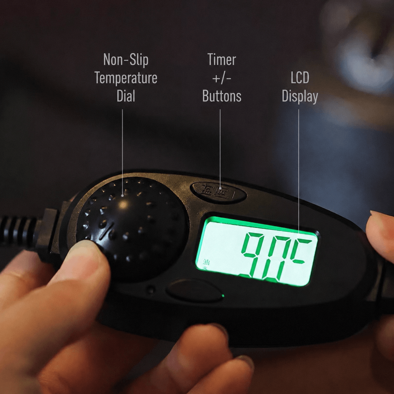 Digital controller for a ceramic electric incense burner showing a non slip temperature dial timer buttons and LCD temperature display