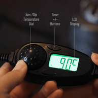 Digital controller for a ceramic electric incense burner showing a non slip temperature dial timer buttons and LCD temperature display