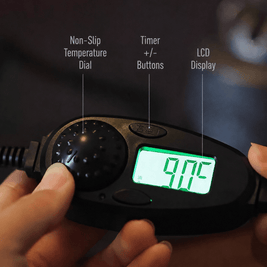 Digital controller for a ceramic electric incense burner showing a non slip temperature dial timer buttons and LCD temperature display